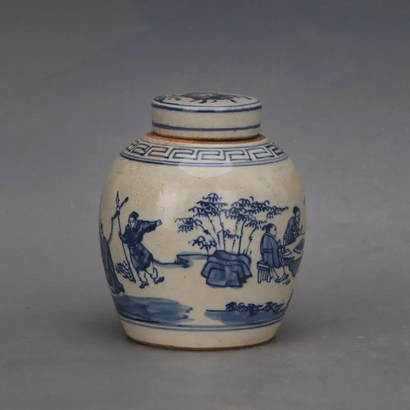 Old Chinese Blue & White Porcelain Painted Character Story Open Film Jar Pots