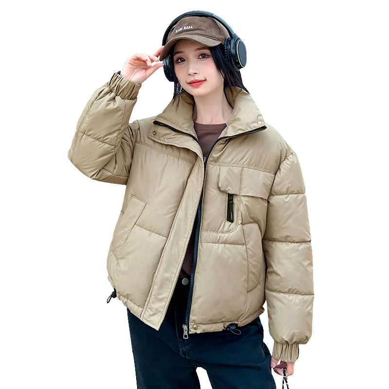 Parkas Coats Women Short Jackets Solid Zipper Pocket Long Sleeves Stand Collar Drawstring Loose Office Lady Casual 2025 Winter