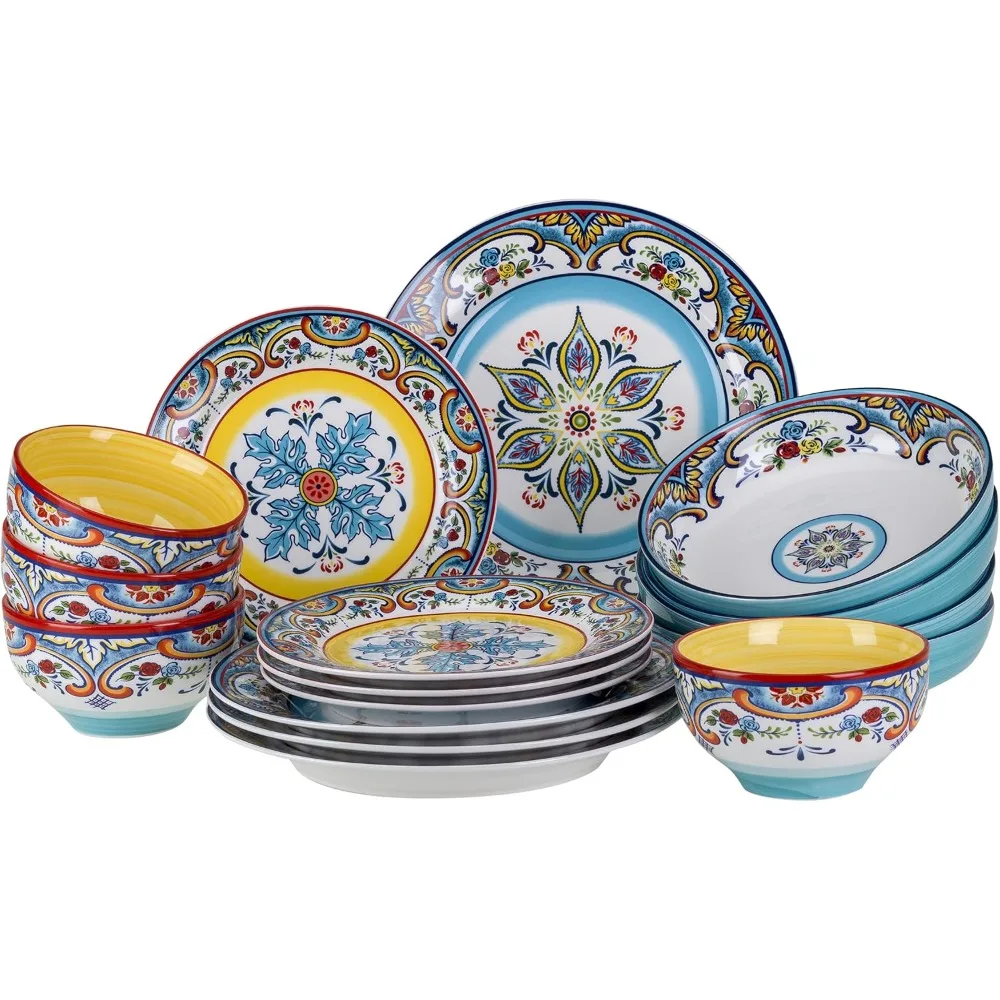 

Floral Multicolor Stoneware 16-Piece Dinnerware Set with Double Bowls for Fine Kitchen Dining