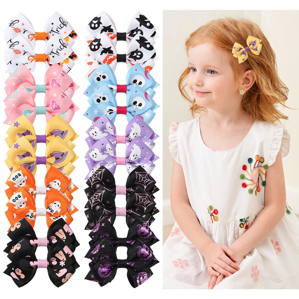 

60 PCS, 3.3" Pumpkin Ghost Skeleton Skull Printed Ribbon Bow Hair Clips Baby Hairpins Barrettes for Kid Girls Halloween Headwear