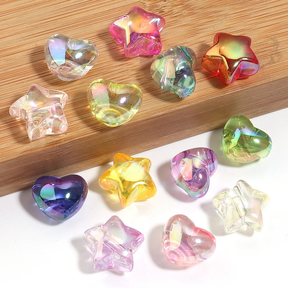10 Stück/Set UV-beschichtete Acrylperlen mit großem Loch, Stern- und Herzform, lose Abstandsperlen für Schmuckherstellung, DIY-Schlüsselanhänger-Zubehör – Detail 5