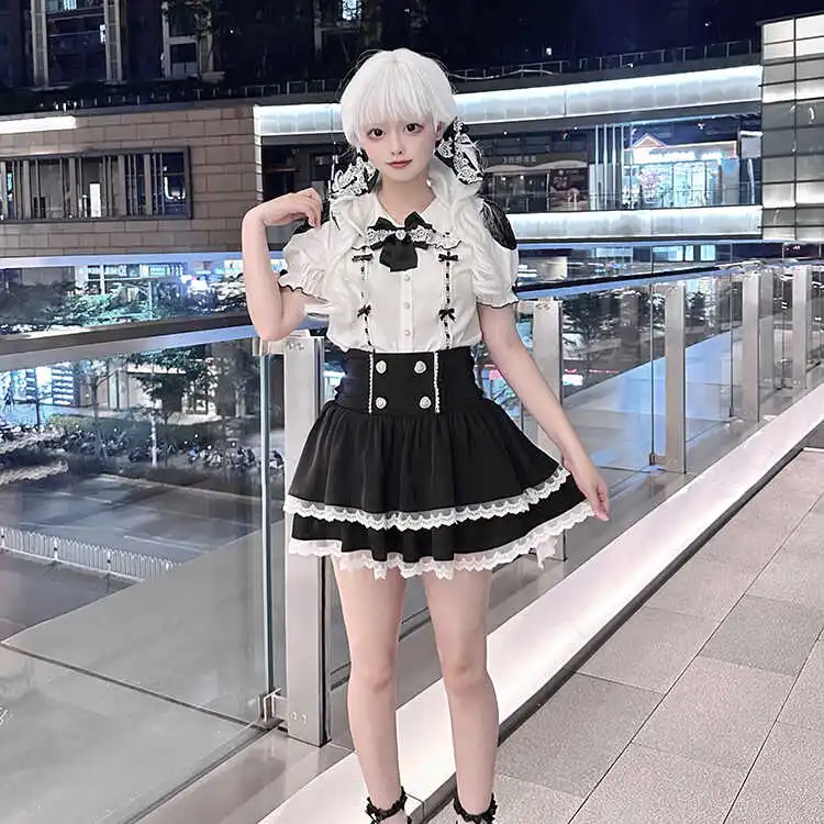 Original japonês minas estilo produzido em massa arco boneca colarinho manga curta único breasted doce versátil camisa superior feminino verão