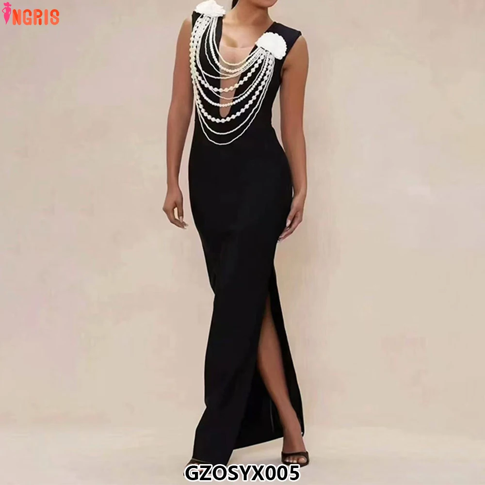

Elegant Pearl Strap Black Maxi Dress V-Neck Slim Fit Wrap Hips Sexy Bandage Evening Dress Ball Gown-GZOSYX005