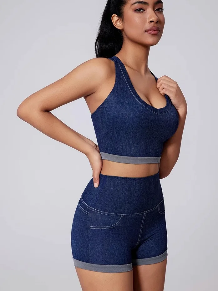 Women's Spor Denim Sle Vest Set Running Yoga Fitn Outwear Underwear New Cross-Border Simulation Cotton Polyester Spandex