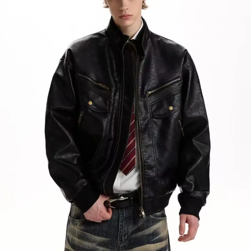 

American Retro Motorcycle Jacket for Men Big Pockets Leather Jackets Women Short Bomber Coats Moto Biker Outerwears Unisex