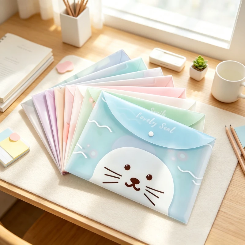 6pcs Kawaii Animal File Folder A4 Plastic Envelope with Snap Closure Cute Paper Storage for Planner, Journaling, Office Supplies