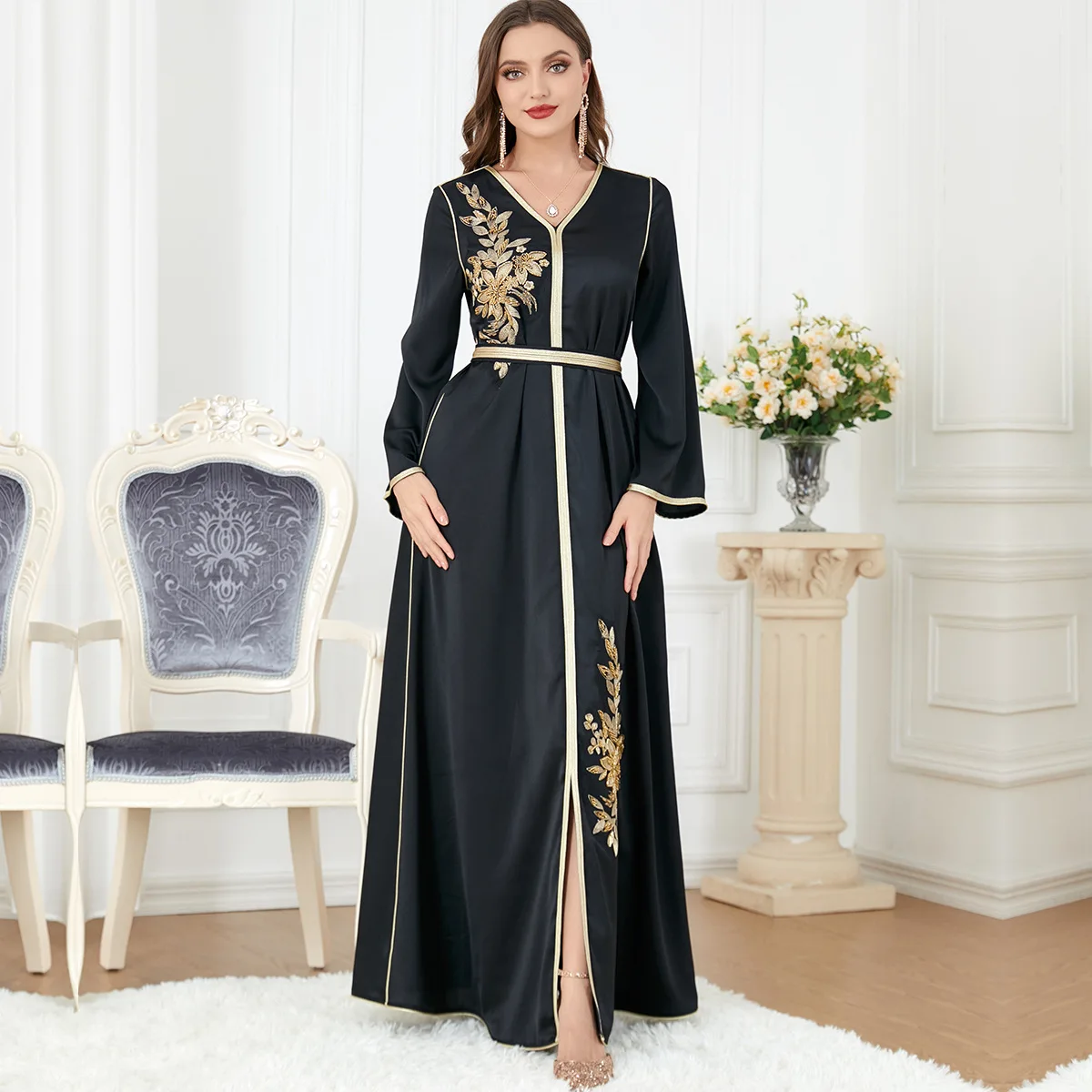 

3277abaya Women's Arabic Apparel Split V-neck Long Sleeve Dress