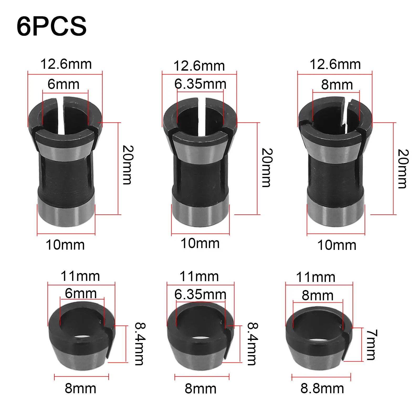 Portabrocas de acero al carbono para máquina cortadora de grabado, enrutador eléctrico, accesorios de carpintería, 8/6, 35/6mm, 6 uds.