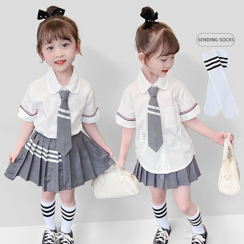 

Kids Clothes Girl Summer Preppy Style Suit 2023 New Pleated Skirt Bow Knot Children Slim Solid A-line Hotsweet Shirt Dress