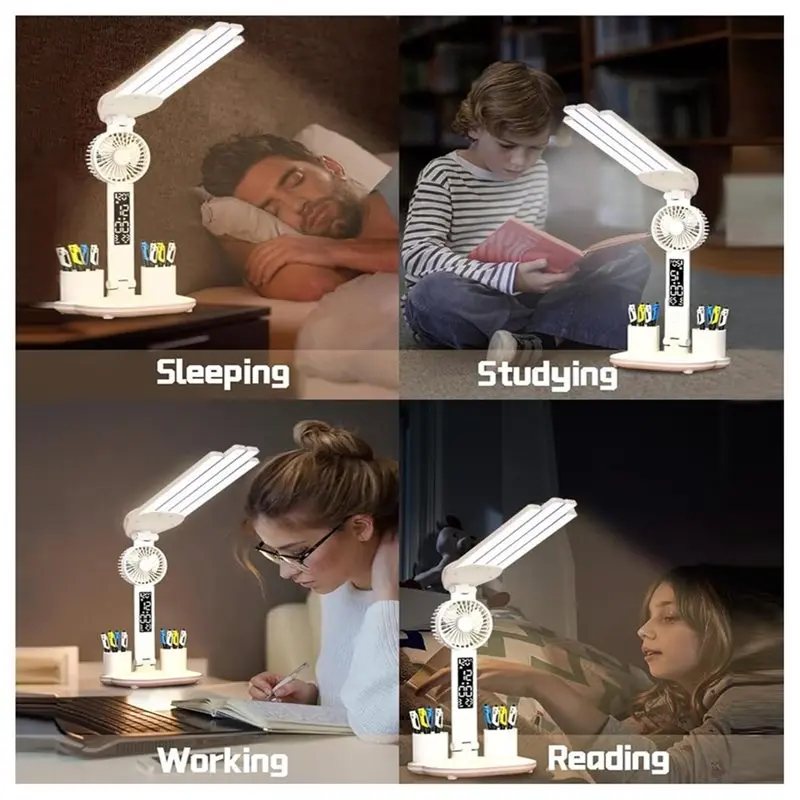 A19F-Led Desk Lamp With Fan& Clock, 5 Lighting Modes, 3 Brightness Levels Study Light Includes Pen Holder
