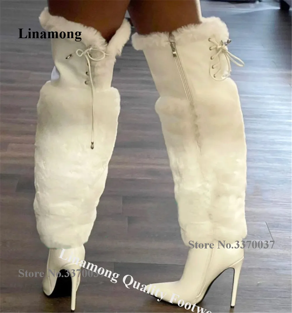 

Linamong Warm Fur Patchwork Stiletto Heel Over Knee Boots Pointed Toe White Back Lace-up Thin Heel Long Boots Winter Boots