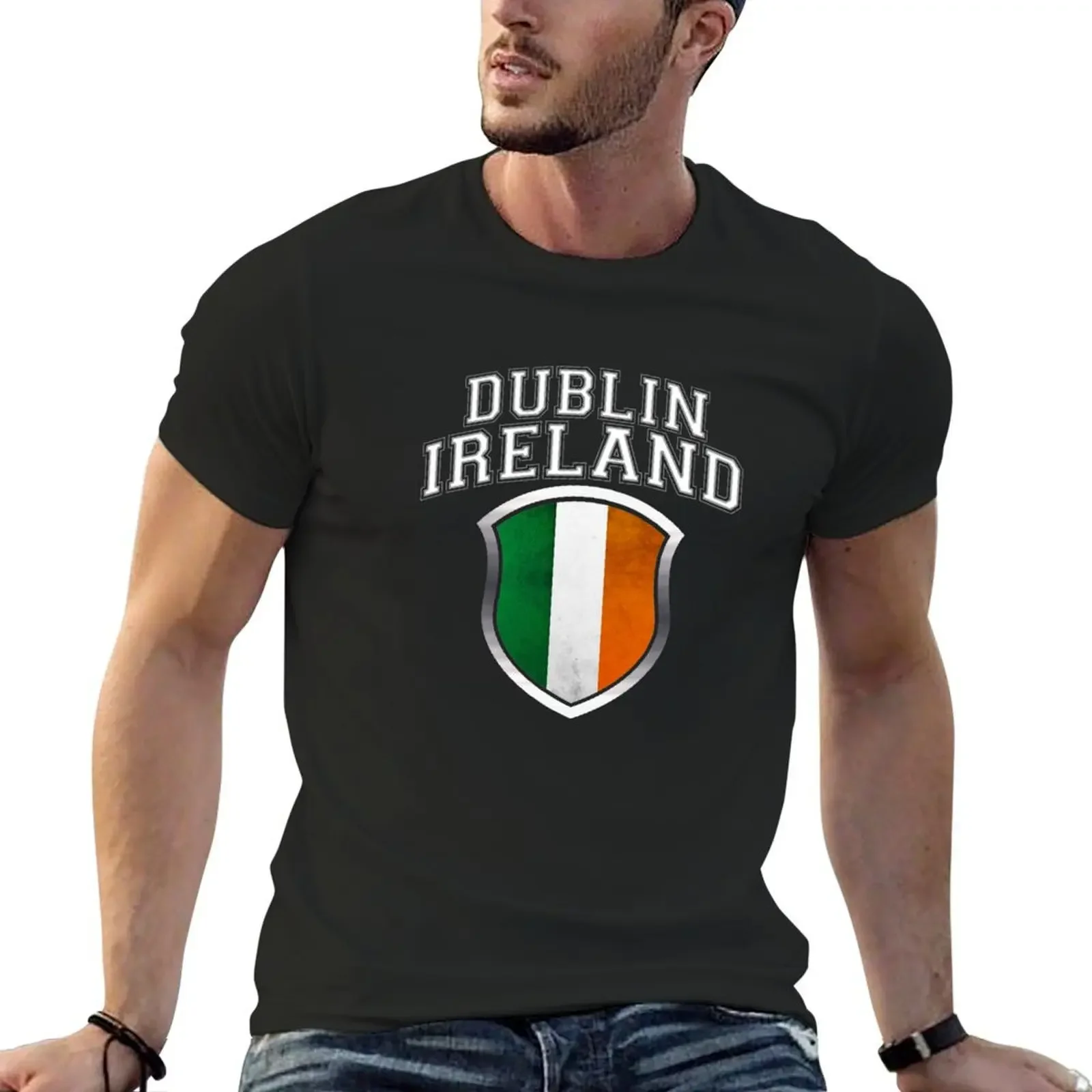 

Dublin Ireland with Distressed Irish Flag Crest T-Shirt blue archive funnys graphic t shirts sublime mens designer t shirt