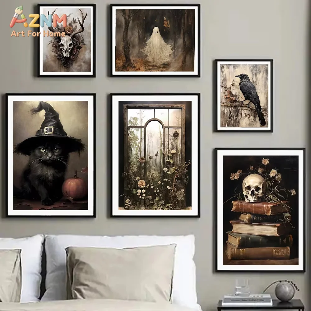 AZNM Dark Witch's Black Cat Wall Art Poster Halloween Gothic Crow Haunted House Canvas Printmaking Living Room Home Autumn Decor - view 2