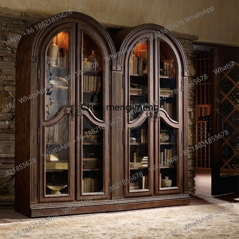 

Книжный шкаф из цельного дерева в американском стиле, французский ретро-витрина для гостиной, витрина для столовой, двухдверный сервант, винный шкаф