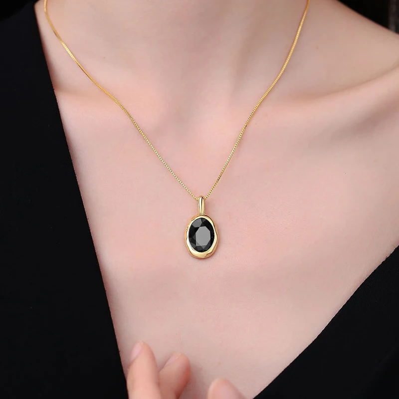 HUATIWOCY Vintage Obsidian Gemstone Pendant Necklace 925 Silver Jewelry for Women Wedding Engagement Party Gift Accessories