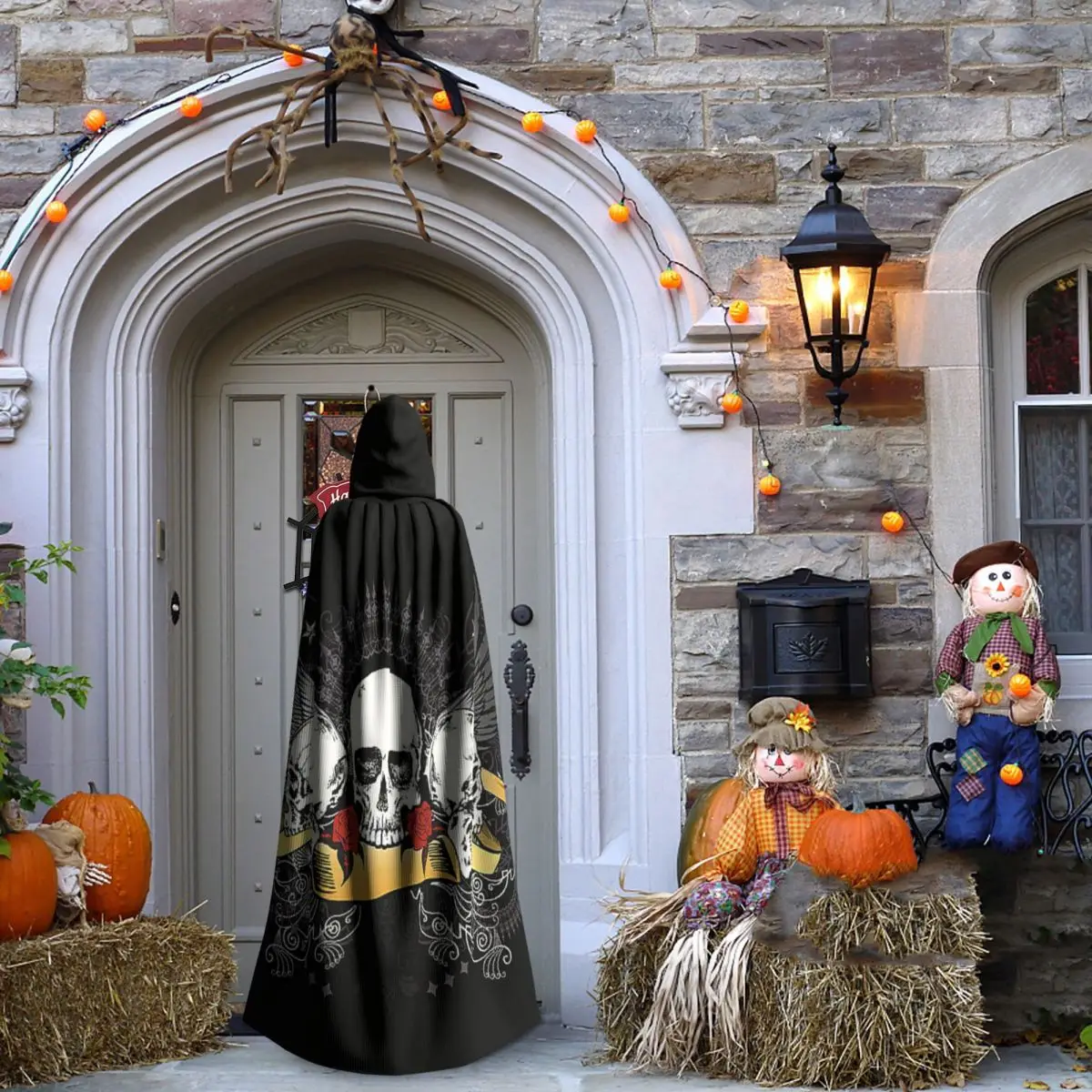 เสื้อคลุมยาวมีฮู้ดลายหัวกะโหลกสำหรับวันแห่งความตาย ชุดแม่มดยุคกลาง คอสเพลย์ ผ้าคลุมฮาโลวีน สำหรับผู้ใหญ่ ทุกเพศ