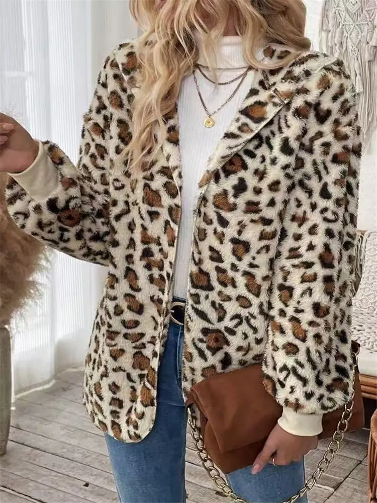 

Women Winter Sexy Leopard Sweater Fluffy Fleece Hooded Cardigan Lady Streetwear Hoodies