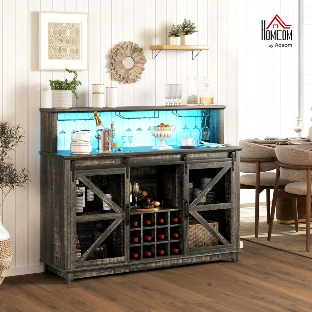خزانة بار القهوة والنبيذ على طراز المزرعة مع إضاءة LED ورف 12 زجاجة وحامل زجاجي