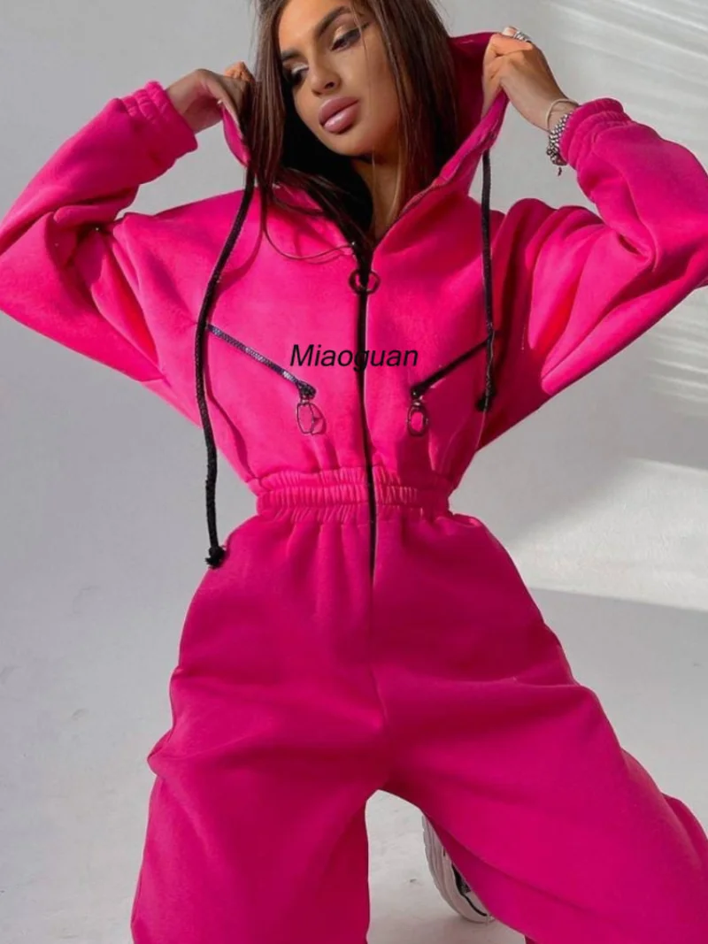 Elegante hoodies macacão coréia moda feminina manga longa uma peça roupa quente macacão de inverno sportwear macacão de treino novo