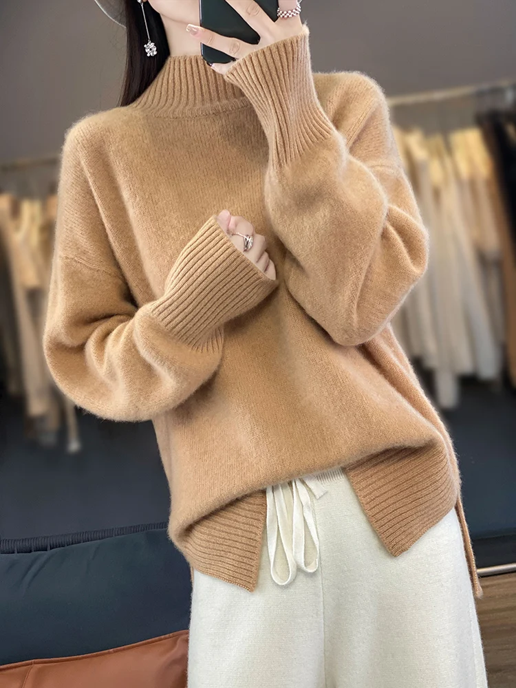 Autumn Winter Women Mock Neck Pullover 100% Merino Wool Sweater Long Sleeve Loose Shoulder Casual Cashmere Knitwear Tops