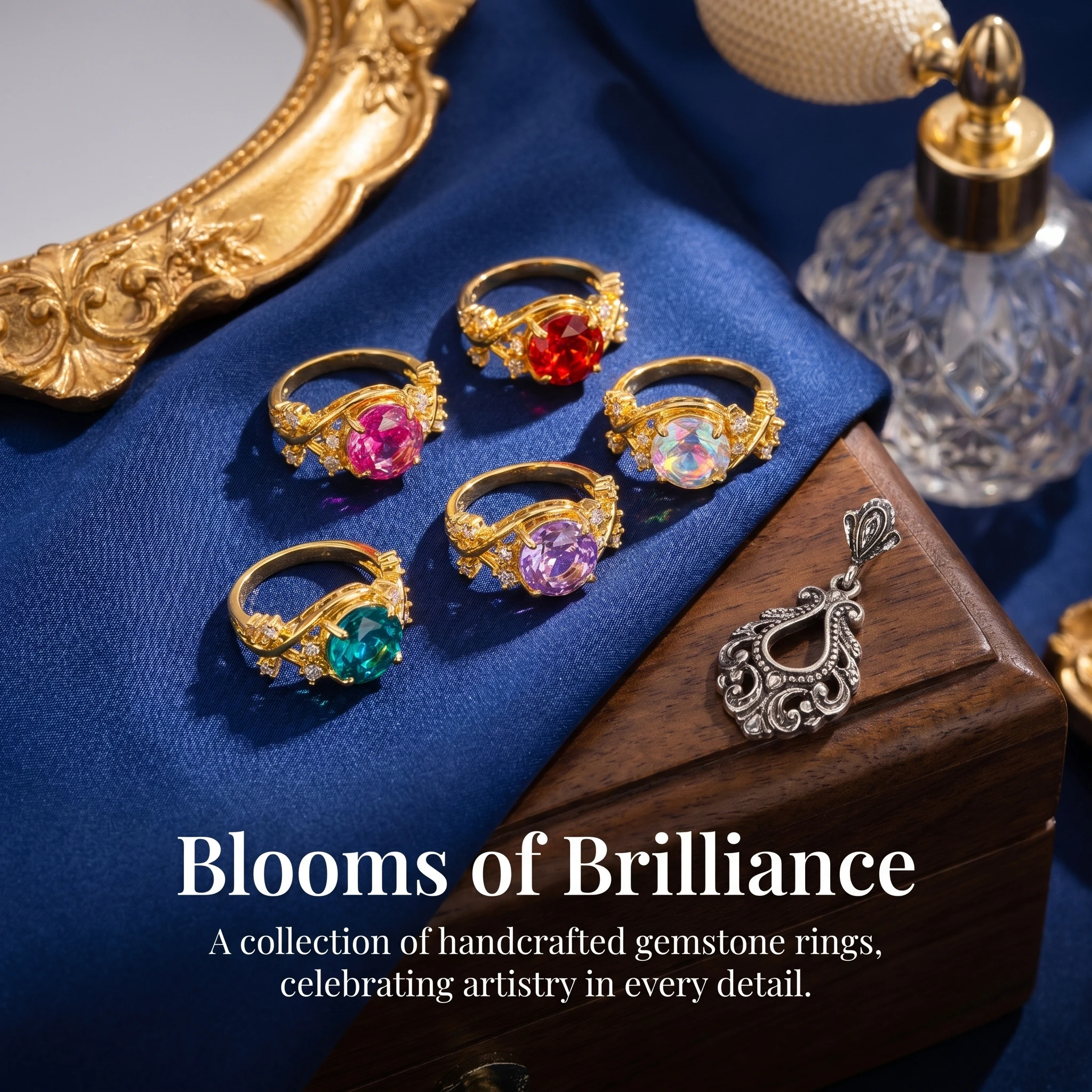 New Luxury 925 Sterling Silver Octagonal Millennium Rose Vine Wrapped Floral Ring with Diamond and Gold Colour Gemstone