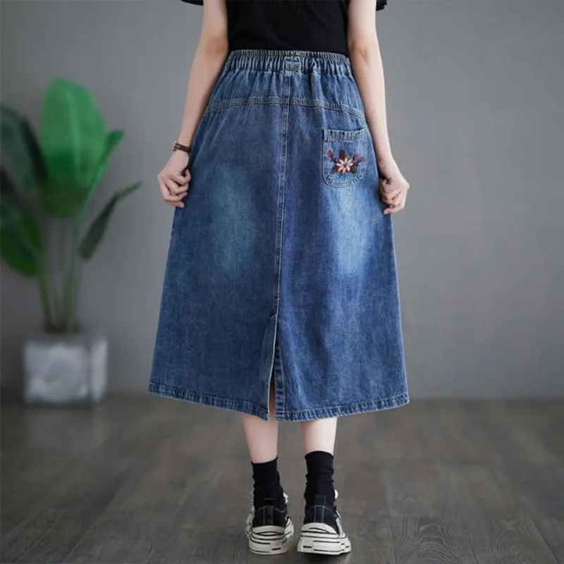 Vintage Floral Embroidered Denin Skirts 2024 Spring Summer Women High Waist Casual Drawstring Pocket Cowboy A-line Skirt