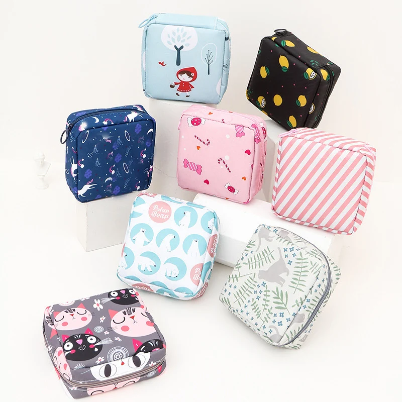 Kawaii Cosmetic Bags Organizer Women Tampon Napkin Sanitary Pad Pouch Storage Bag Ladies Girls Beauty Makeup Bag Holder Case