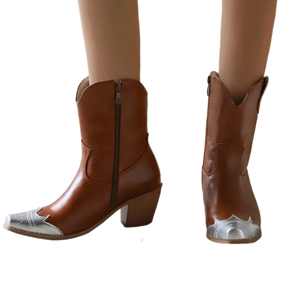 

Autumn Winter Western Women Ankle Boots High Block Heels Vintage Style Club Party Warm Plush Cowgirl Boots Big Size 47 48 5653