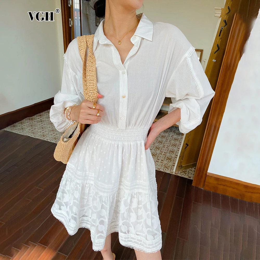 

VGH Solid Patchwork Single Breasted Women's Mini Shirt Dress Lapel Puff Sleeve Spliced Elastic High Waist Pleated Dresses Female