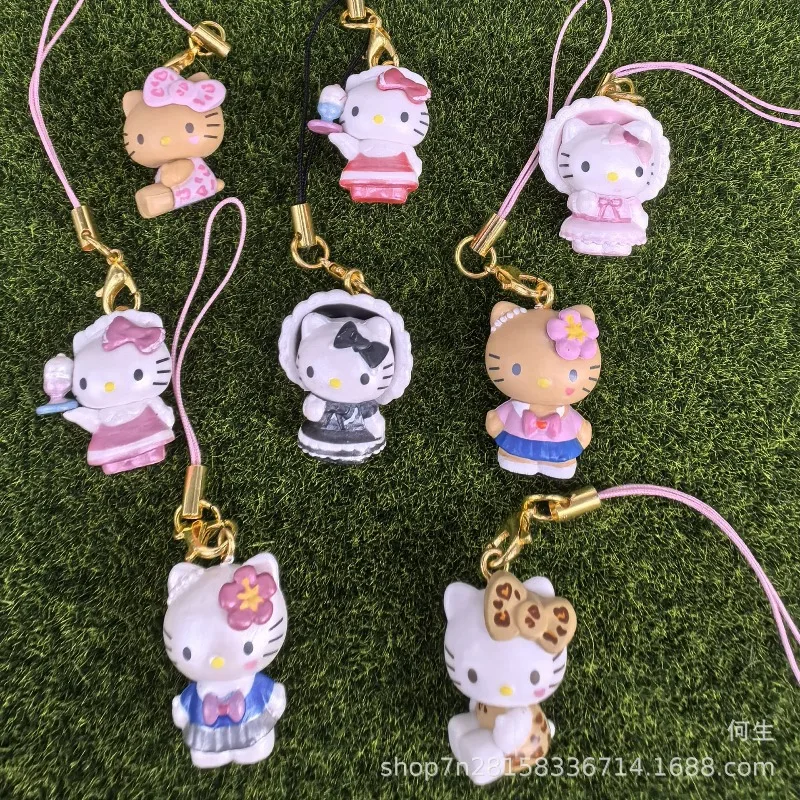 Sanrio hello kitty pendurado corrente caixa cega brinquedos mini bonito pele preta olá kitty boneca modelo pingente brinquedos coletar decoração