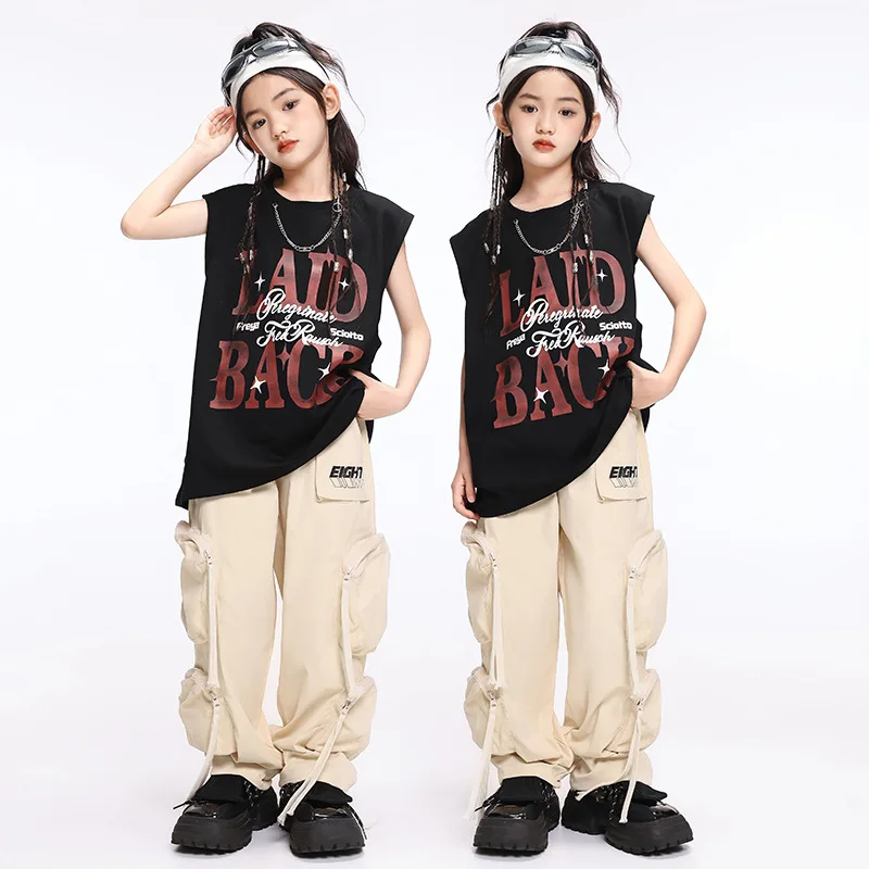 

Street Dance Costumes Girls Fashion Suit Jazz Kpop Stage Outfit Black Tank Top Khaki Trousers Children Hip Hop Steetwear VDL3585