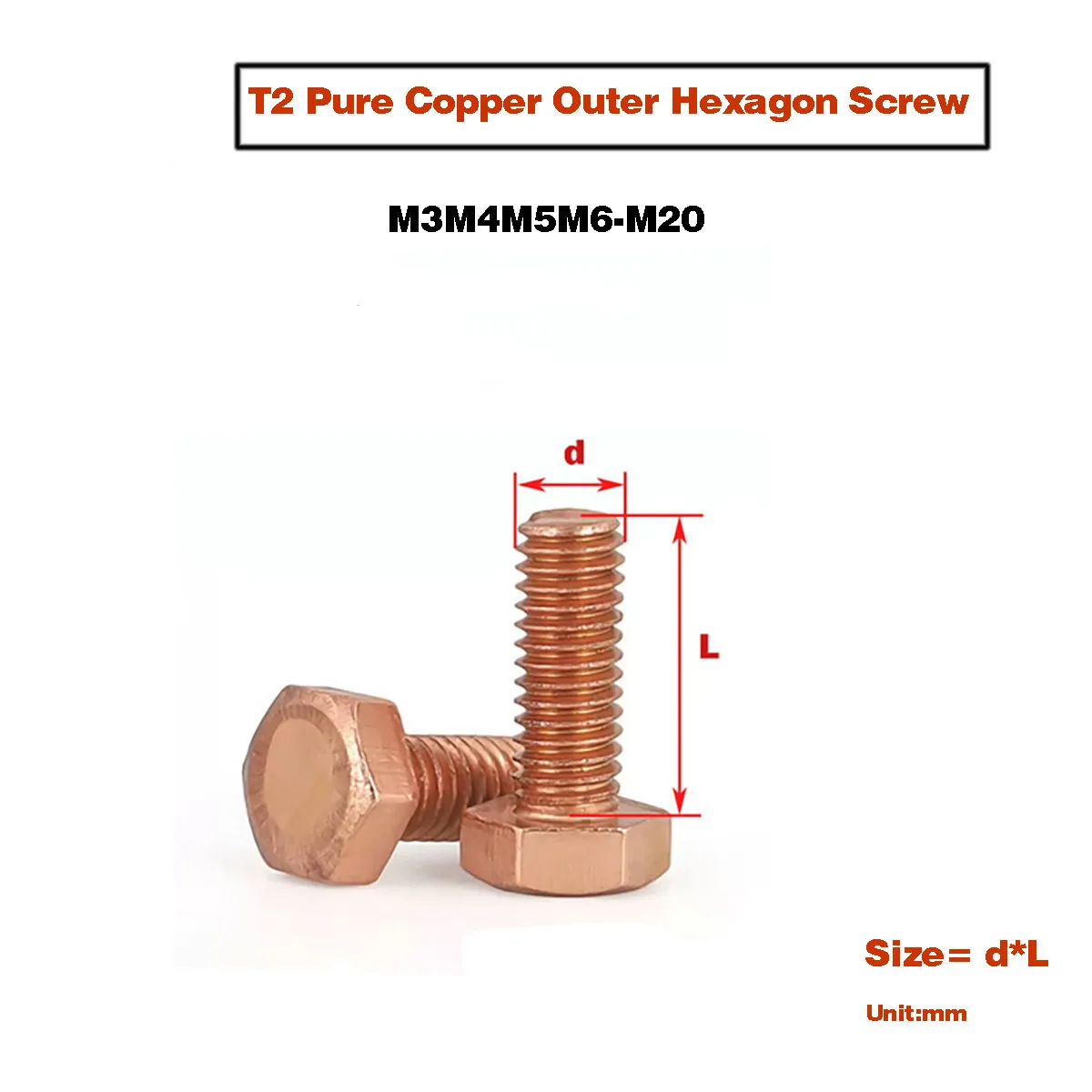Beicai T2 Pure Copper Outer Hexagon Screw Conductive Red Copper Purple Copper Conductivity Bolt M3 M4 M5 M6 M8 M10 M12 M16