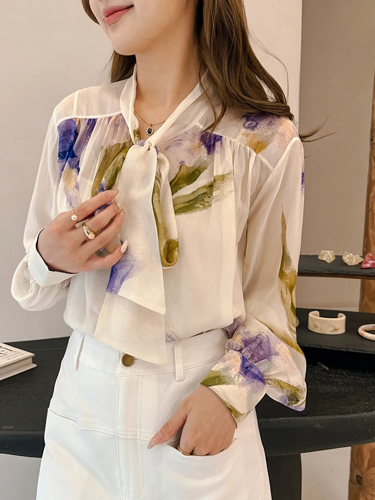 

Romantic Print Blouse with Sa Soft Silk Fabric Skin-Friendly Breathable Commuting Daily Date Casual Slim Fit Long Sve irt