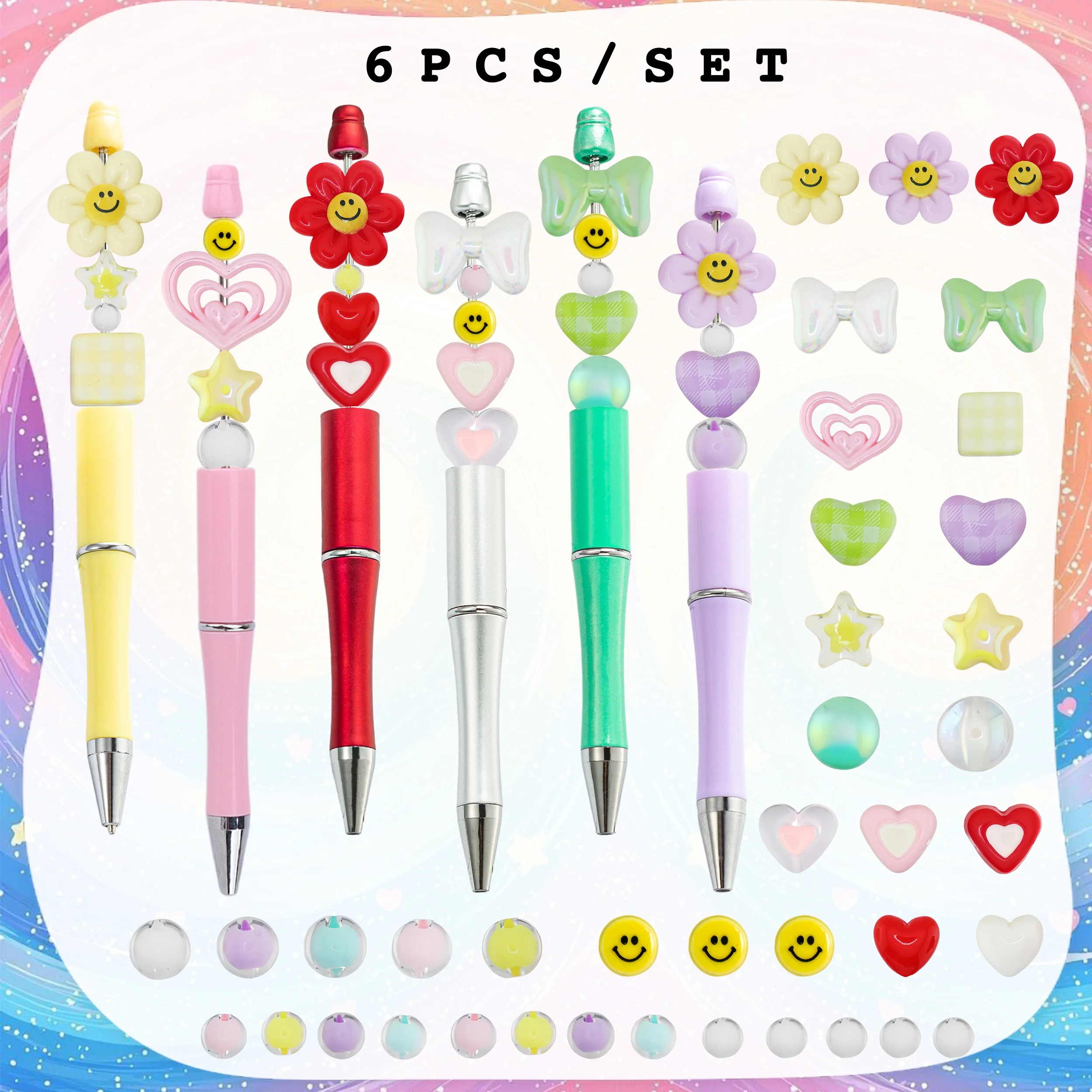 Lot de 6 stylos à bille DIY avec perles, style Ins, motif fleur, sourire, amour, nœud, en acrylique, idéal pour l'apprentissage et comme fournitures de bureau, excellent cadeau