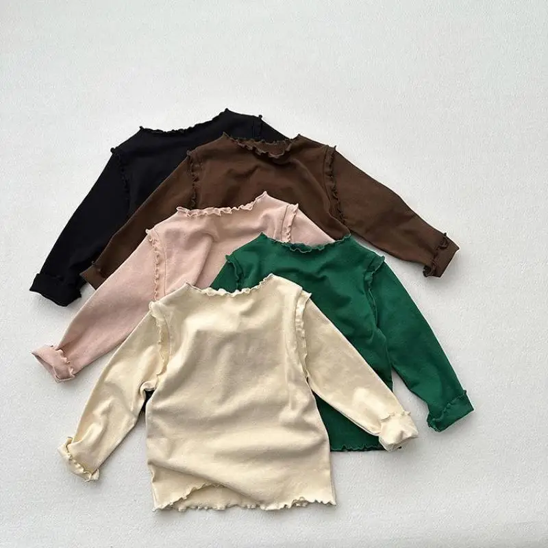 

2025 Autumn New Children Long Sleeve T Shirts Solid Girls Cute Lace Bottoming Shirts Baby Girls Cotton Tops Kids Clothes