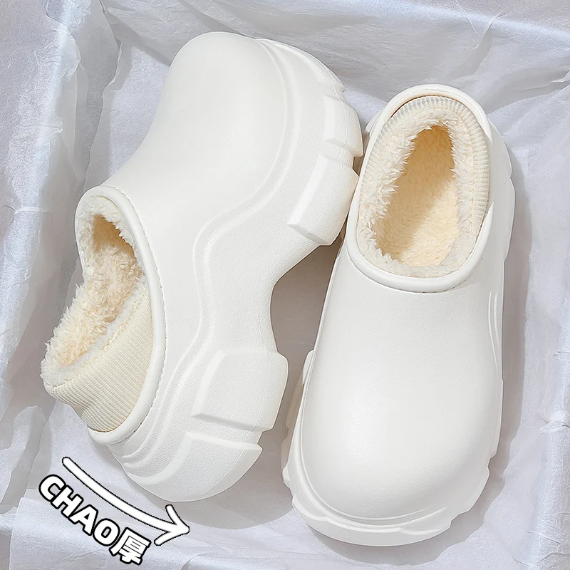 QYCKABY Winter Women Fur Slipper Waterproof Warm Plush Household Shoes Outdoors Thick Sole Footwear Non-Slip Solid Female Sandal