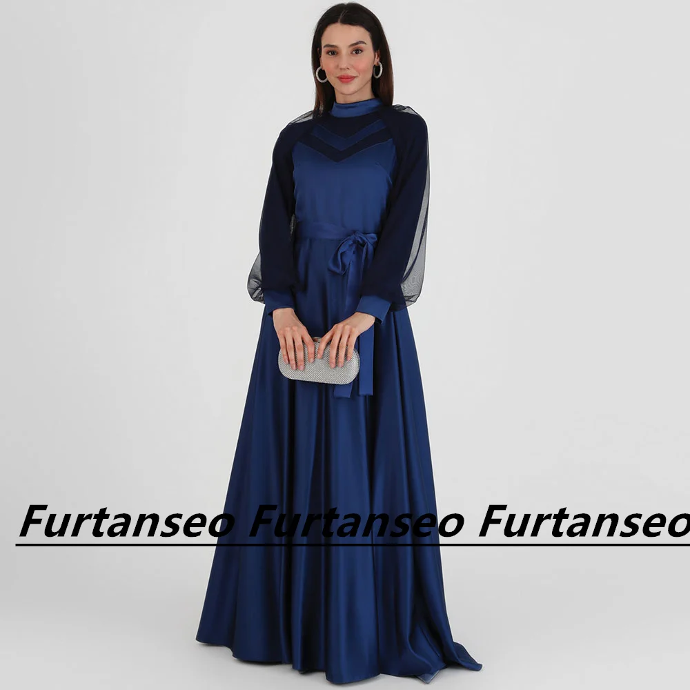 

Noble Elegant Saudi Prom Dress Long Sleeve High Neck Pleated Satin Sweep Train Back Zipper Dubai Arab Vintage Vestidos De Festa