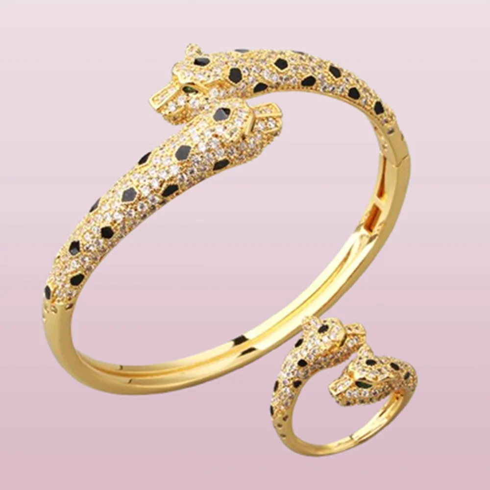 

Size 17cm Slim Half Zircon Double Black Leopard Cuff Bangles Bracelets Panther Jewelry Set for Women Party Gifts