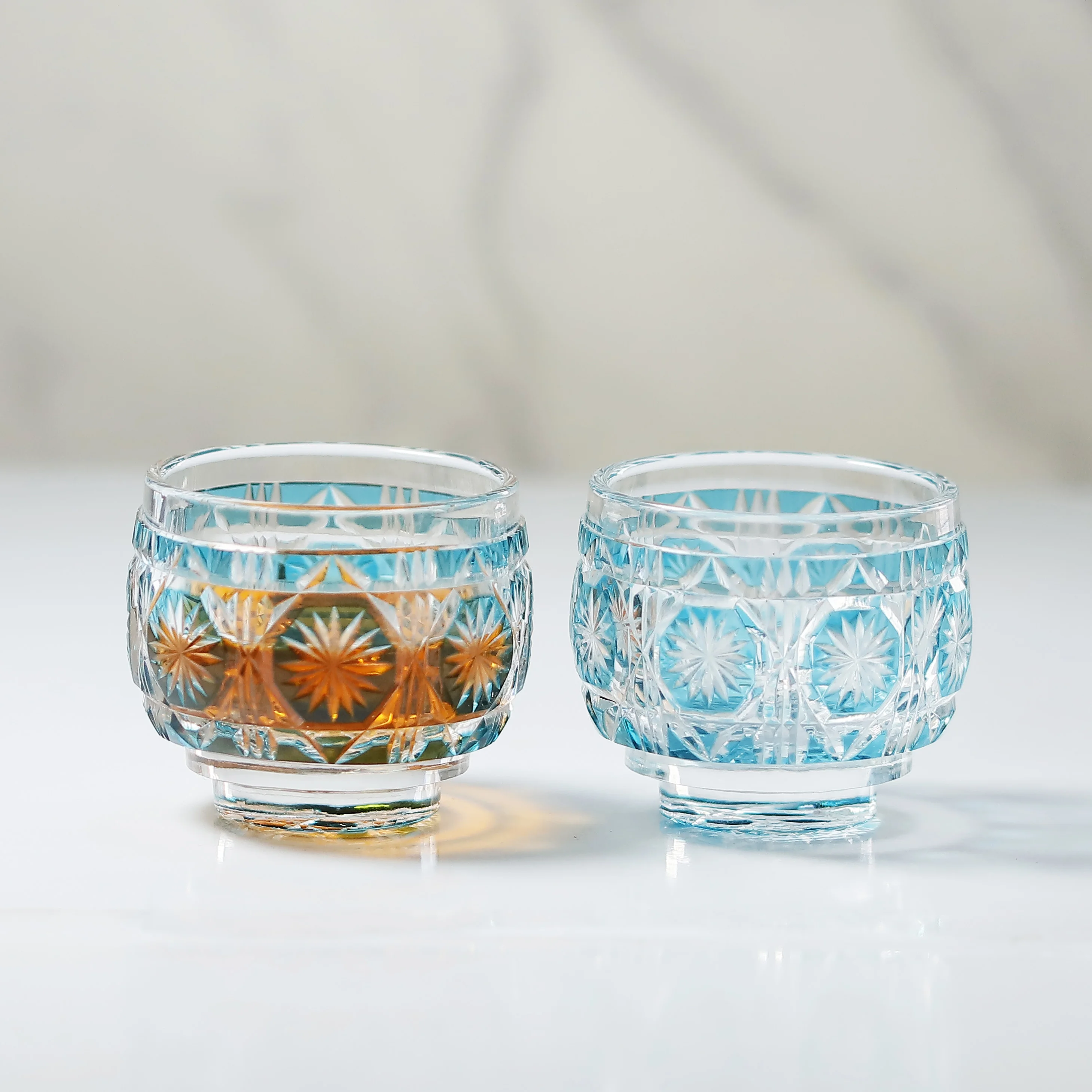 Japanese Edo Kiriko Crystal Shot Glasses Liqueur Spirit Sake Glass Edo Hand Cut Clear With Gift Box Sky Blue  3oz/75ml 1PC