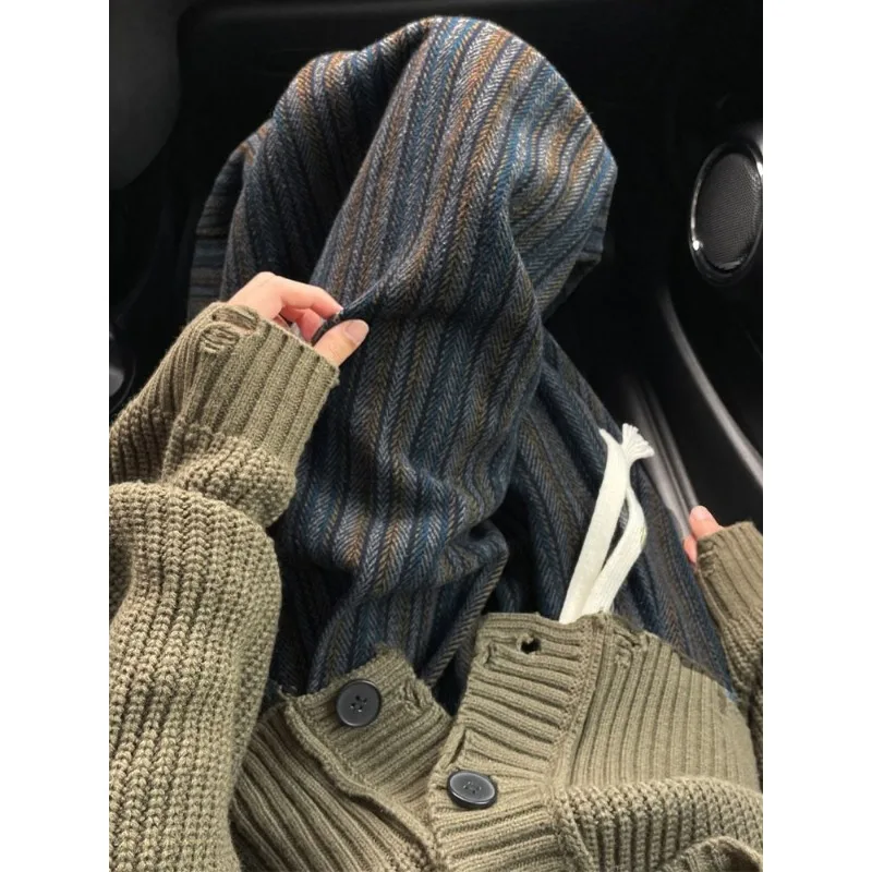 秋冬の女性向けニューレトロストライプベルベット厚手ルーズストレートカジュアルワイドレッグパンツ