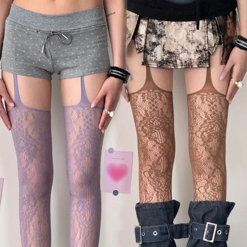 

New Print Sheer Fishnet Stockings Women Sexy Colored Hollow Out Thigh High Socks Gothic Lolita Japanese Over The Knee Tights
