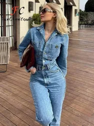 2024 Spring New Women's Pants Suit Fashion Vintage Casual Temperament Long Sleeve Straight Leg Exquisite Denim Jumpsuit Female