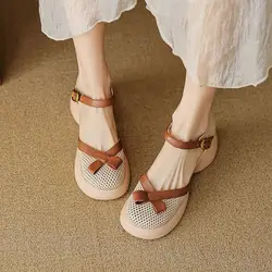 Ladies Shoes Bow for Party and Weddings Women's Sandals Round Toe Tip Mules Leather Vip H 2024 Trend Casual Comfort Summer Sale