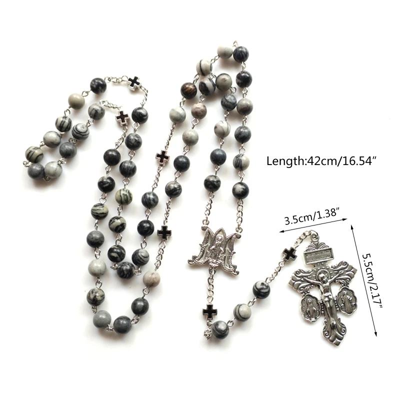 قلادة من خرز الحجر الأسود مسبحة مع صليب يسوع لقلادات قلادة متقاطعة هدايا الصلاة الدينية للرجال والنساء #6