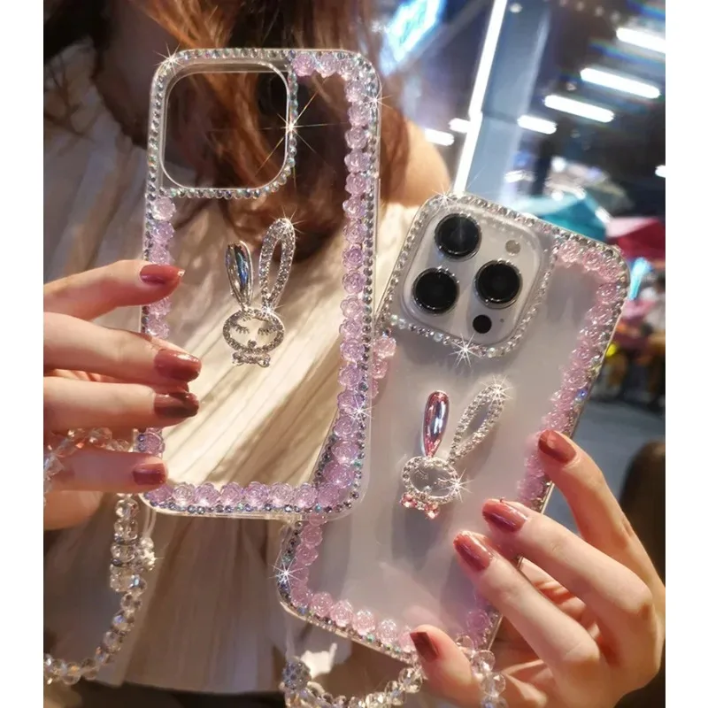 Cute Rabbit Phone Case with Crystal Flowers for Huawei P50 P60 Pro Mate 50 60, Honor 80 90 100 Pro: Bling Rhinestone Cover