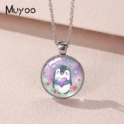 2023 New Cute Penguin Pendant Necklace Animal Art Round Photo Necklaces Glass Dome Jewelry Gifts
