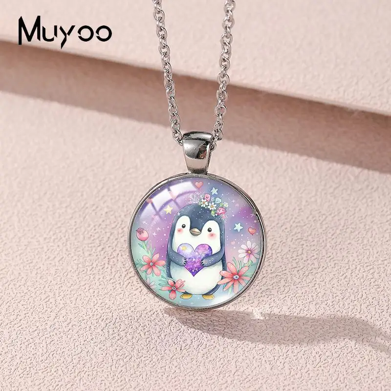 2023 New Cute Penguin Pendant Necklace Animal Art Round Photo Necklaces Glass Dome Jewelry Gifts