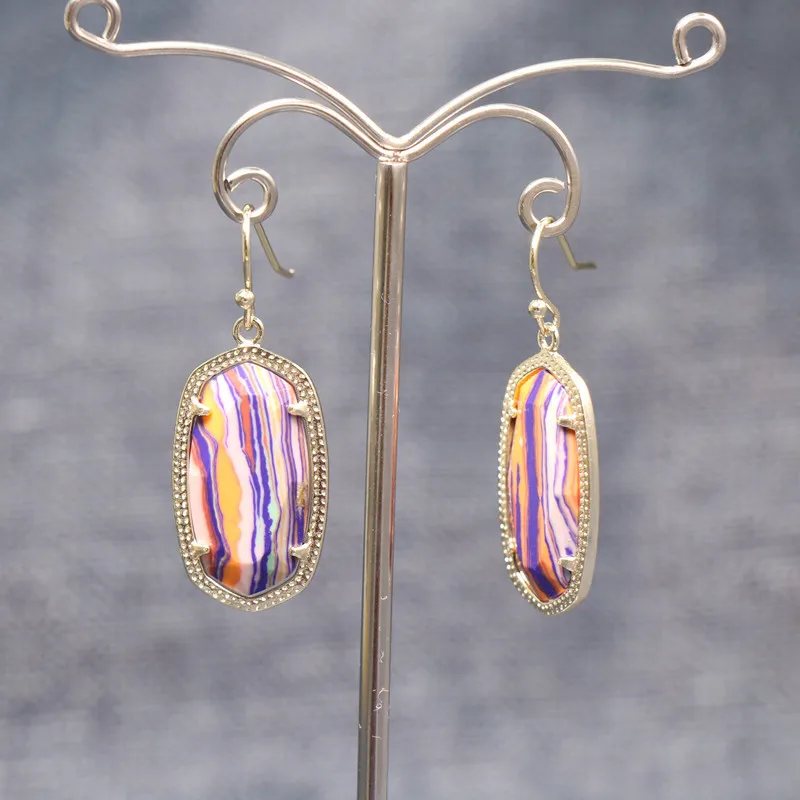 Europe and the United States oval colorful shell dyeing process earrings colorful stripes labradorite earrings jewelry female