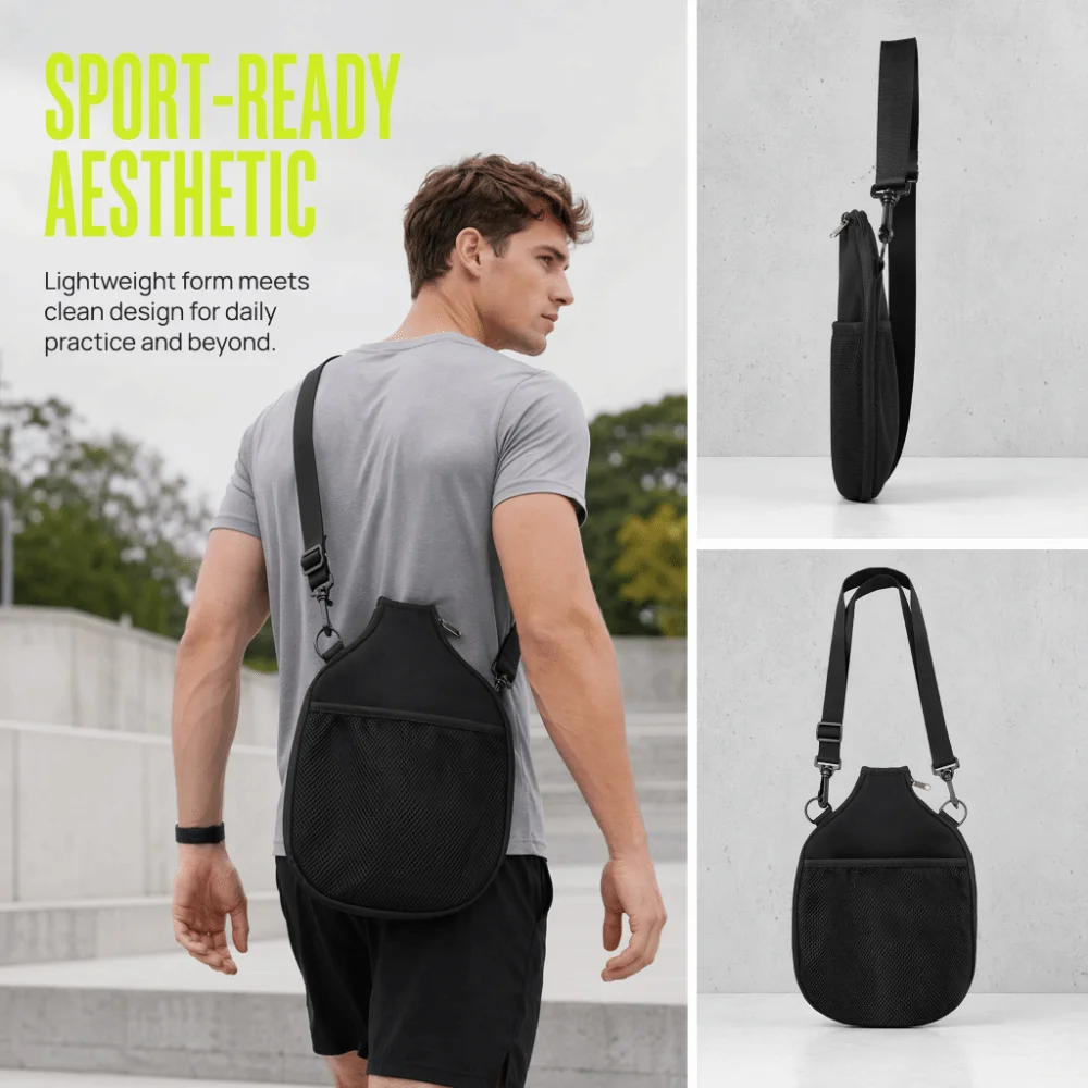 Adjustable Shoulder Strap Paddle Cover Bag Mesh Pocket D-Ring Attachments Pickleball Paddle Cover Zippered Opening