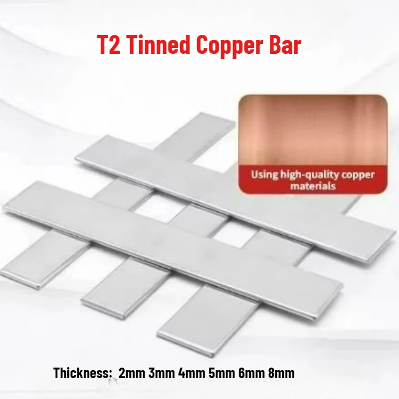 1Pcs T2 Tinned Copper Bar Purple Copper Flat Strip Thick 2mm 3mm 4mm 5mm 6mm 8mm Conductive Grounding Plate Busbar Length 500mm